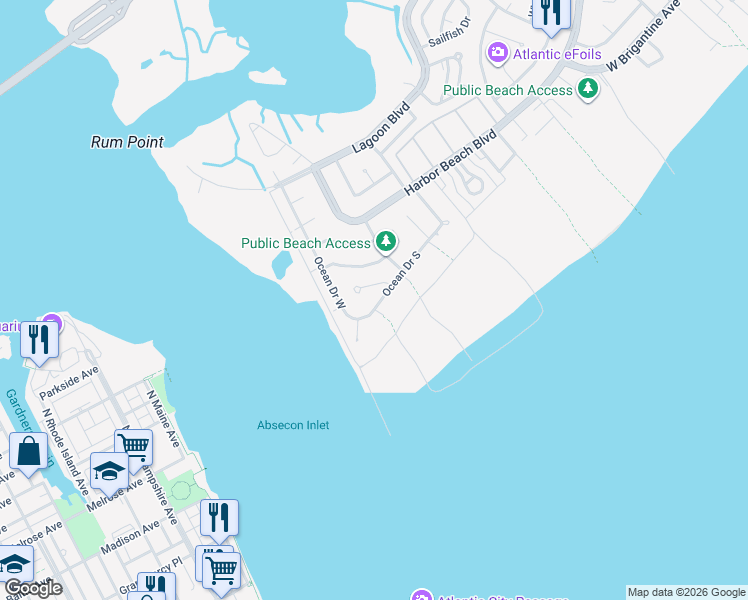 map of restaurants, bars, coffee shops, grocery stores, and more near 5212 Ocean Drive East in Brigantine