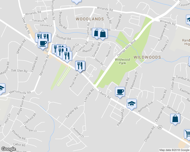 map of restaurants, bars, coffee shops, grocery stores, and more near 9612 Button Buck Cir in Randallstown