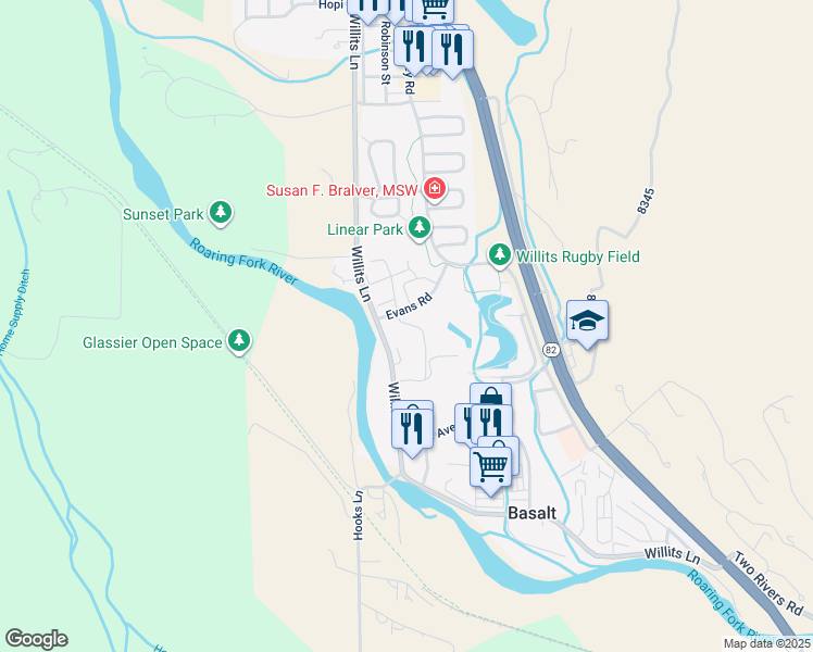 map of restaurants, bars, coffee shops, grocery stores, and more near 102 Evans Road in Basalt