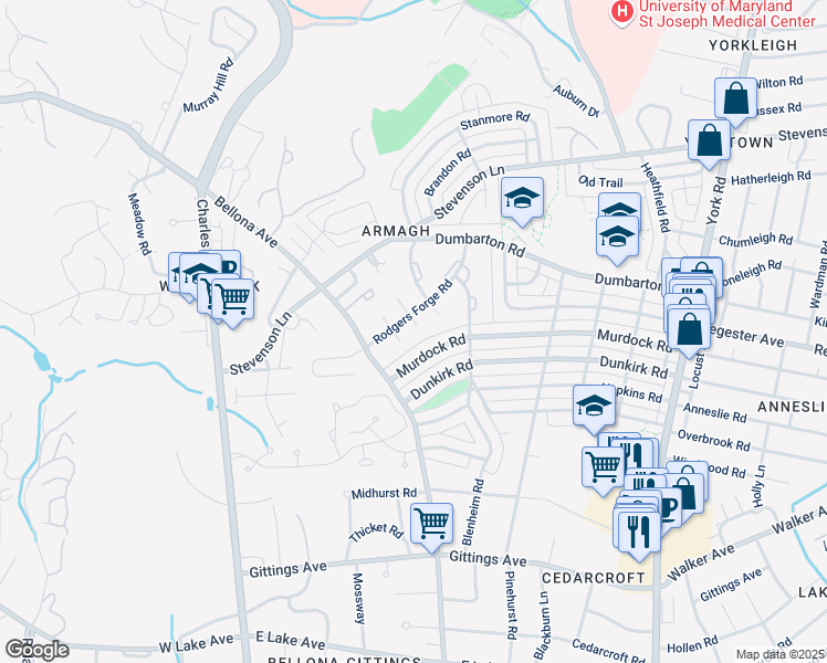 map of restaurants, bars, coffee shops, grocery stores, and more near 223 Rodgers Forge Road in Baltimore