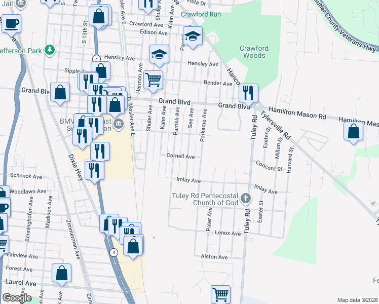 map of restaurants, bars, coffee shops, grocery stores, and more near 1794 See Avenue in Hamilton