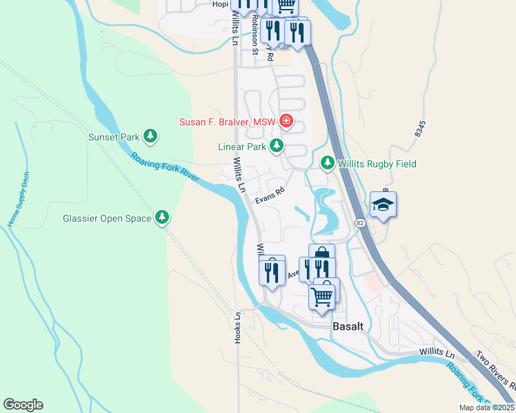 map of restaurants, bars, coffee shops, grocery stores, and more near 102 Evans Road in Basalt