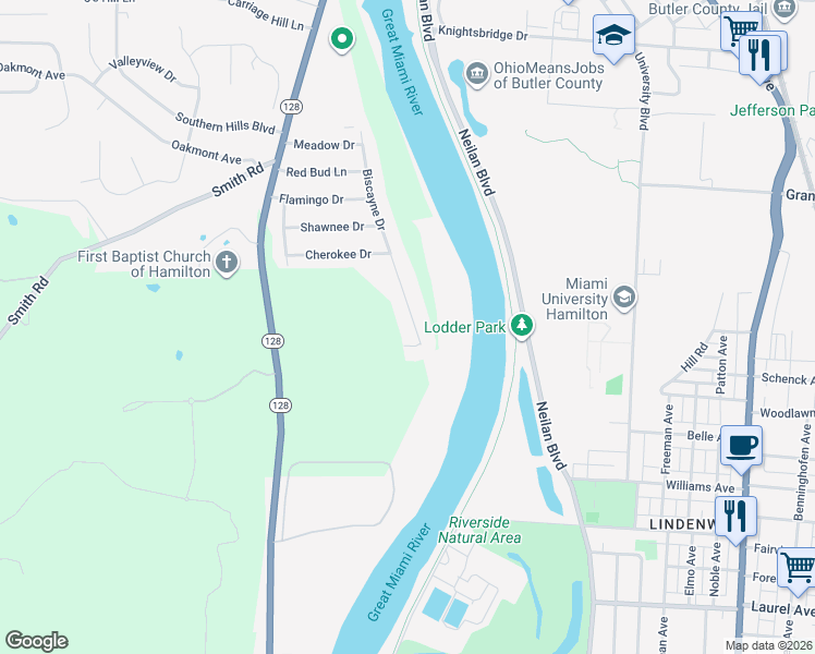 map of restaurants, bars, coffee shops, grocery stores, and more near 1672 Biscayne Drive in Hamilton