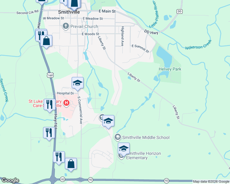 map of restaurants, bars, coffee shops, grocery stores, and more near 630 Liberty Road in Smithville