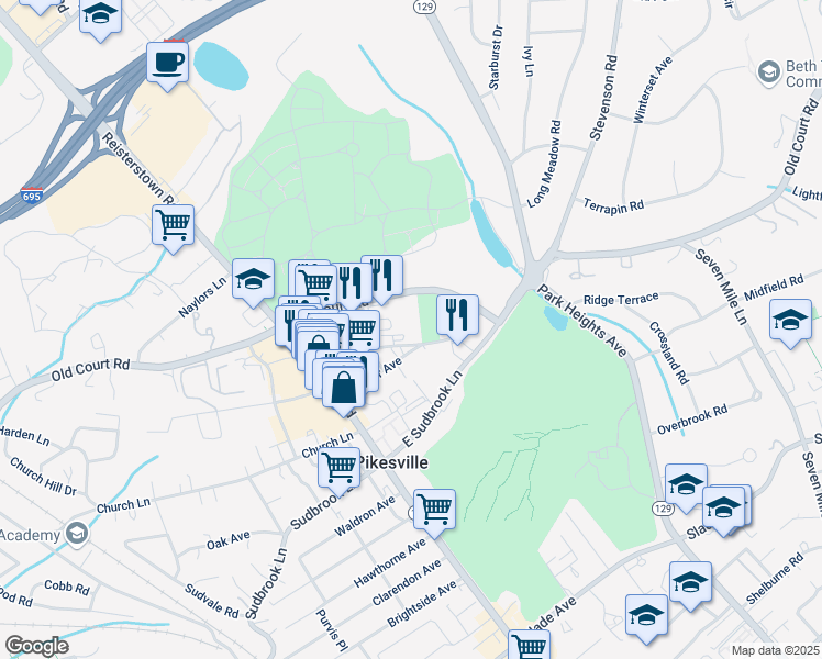 map of restaurants, bars, coffee shops, grocery stores, and more near 3701 Old Court Road in Pikesville