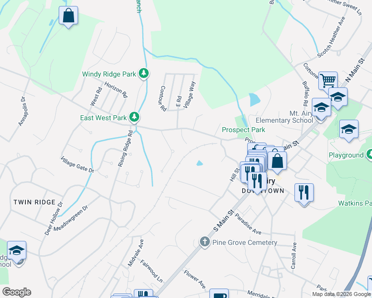 map of restaurants, bars, coffee shops, grocery stores, and more near 2 Donalds Lane in Mount Airy