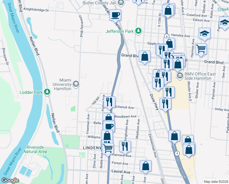 map of restaurants, bars, coffee shops, grocery stores, and more near 1836 Pleasant Avenue in Hamilton