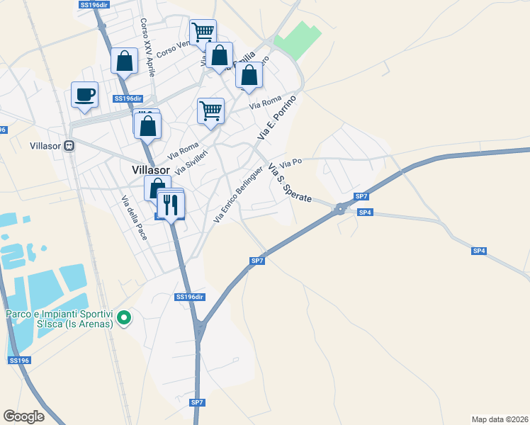 map of restaurants, bars, coffee shops, grocery stores, and more near 5 Via Sant'Isidoro in Villasor