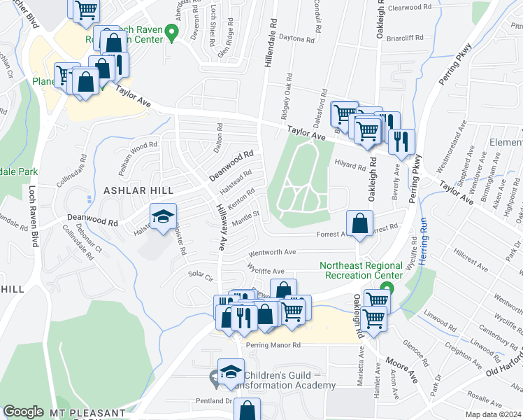 map of restaurants, bars, coffee shops, grocery stores, and more near 7441 Forrest Avenue in Parkville
