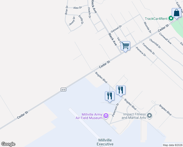 map of restaurants, bars, coffee shops, grocery stores, and more near 1807 Cedar Street in Millville