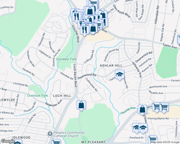 map of restaurants, bars, coffee shops, grocery stores, and more near 19 Ashlar Hill Court in Parkville