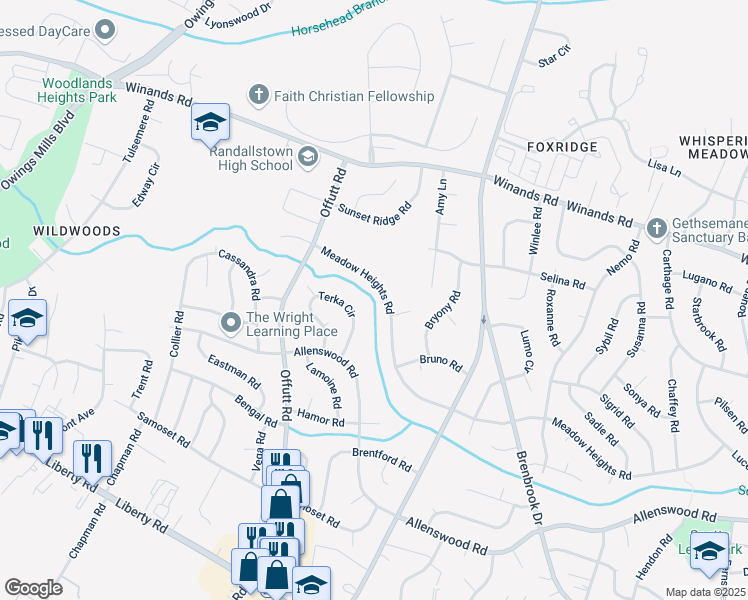 map of restaurants, bars, coffee shops, grocery stores, and more near 9055 Meadow Heights Road in Randallstown