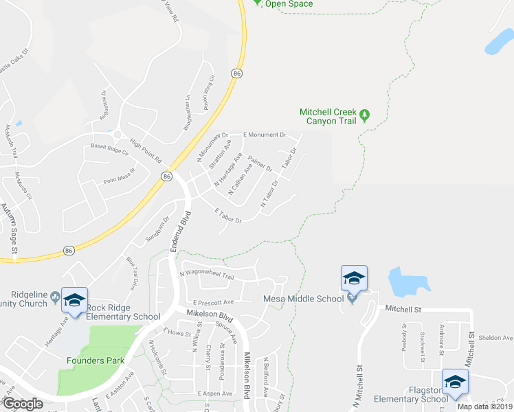 map of restaurants, bars, coffee shops, grocery stores, and more near 1075 North Tabor Drive in Castle Rock