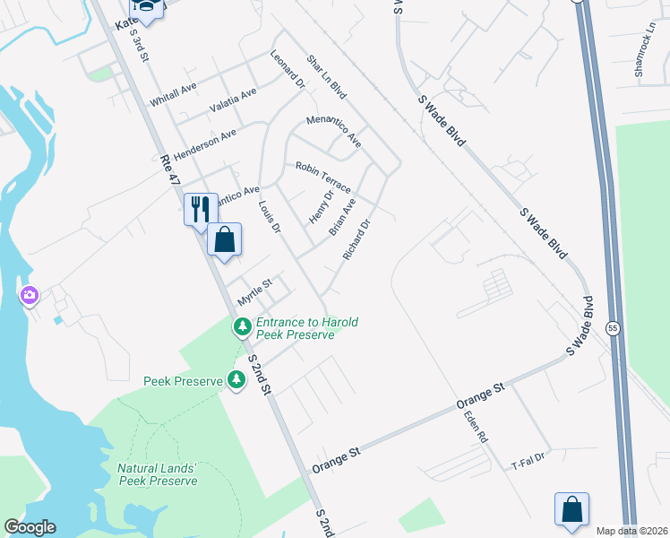 map of restaurants, bars, coffee shops, grocery stores, and more near 1139 Louis Drive in Millville
