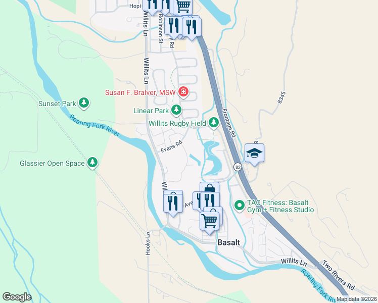 map of restaurants, bars, coffee shops, grocery stores, and more near Evans Road in Basalt