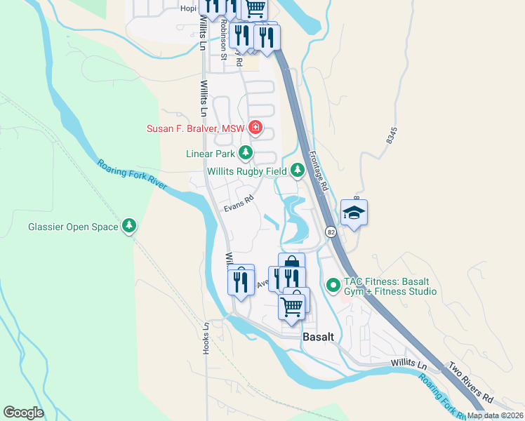 map of restaurants, bars, coffee shops, grocery stores, and more near Evans Road in Basalt