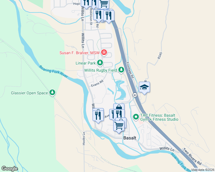 map of restaurants, bars, coffee shops, grocery stores, and more near Evans Road in Basalt