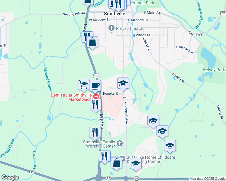 map of restaurants, bars, coffee shops, grocery stores, and more near 1 Hospital Drive in Smithville