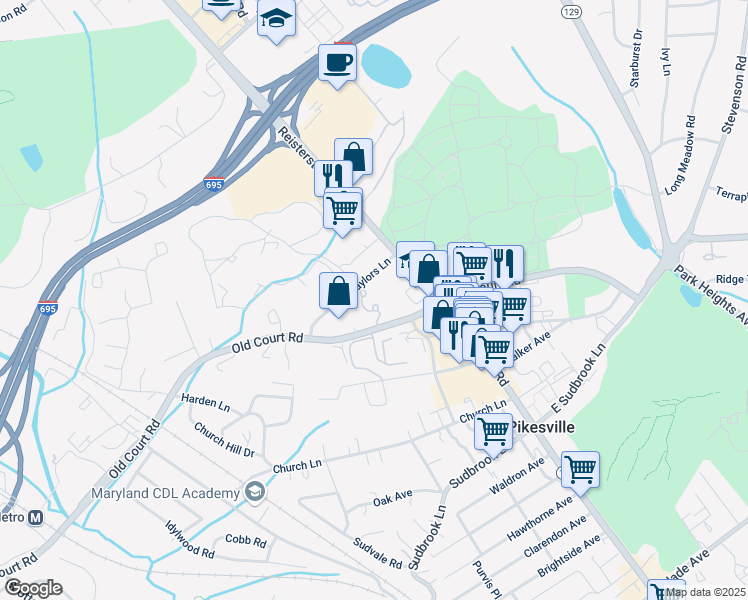 map of restaurants, bars, coffee shops, grocery stores, and more near 3800 Old Court Road in Pikesville