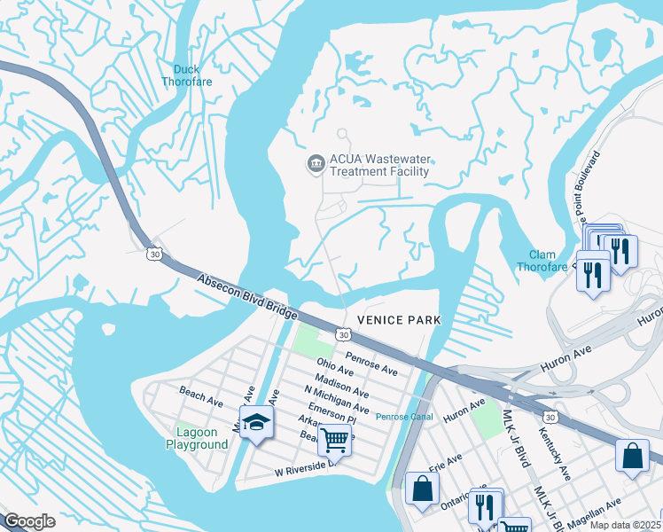 map of restaurants, bars, coffee shops, grocery stores, and more near Riverside in Atlantic City