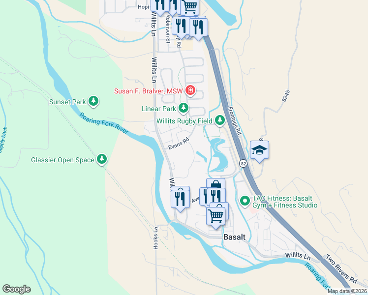 map of restaurants, bars, coffee shops, grocery stores, and more near 102 Evans Road in Basalt