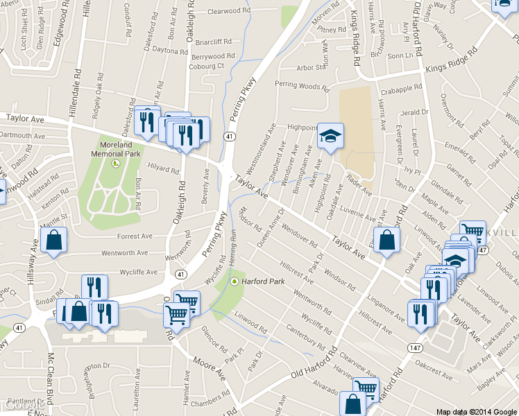 map of restaurants, bars, coffee shops, grocery stores, and more near 7708 Middlesex Place in Parkville