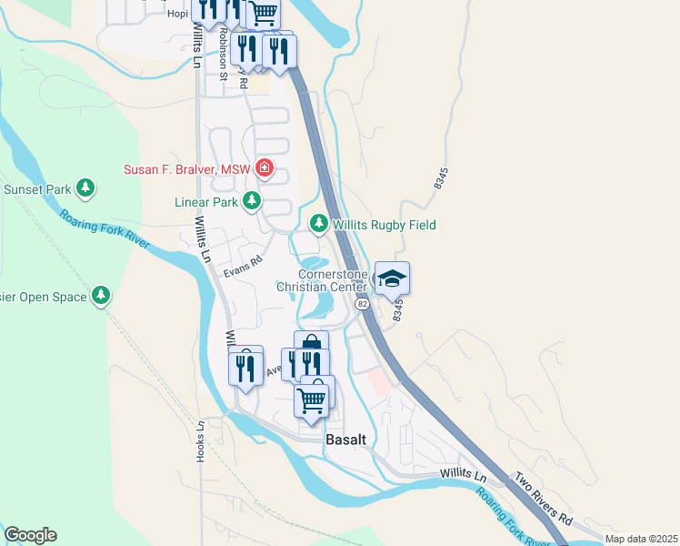 map of restaurants, bars, coffee shops, grocery stores, and more near 400 Lakeside Court in Basalt
