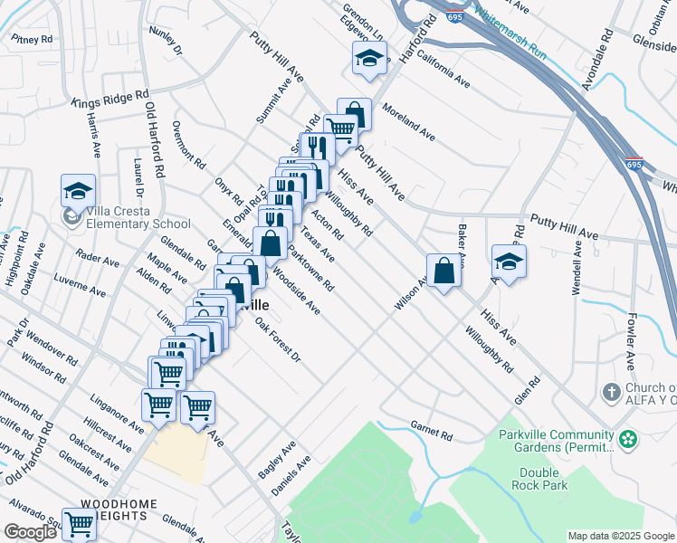 map of restaurants, bars, coffee shops, grocery stores, and more near 3101 Texas Avenue in Parkville