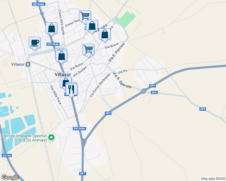 map of restaurants, bars, coffee shops, grocery stores, and more near 5 Via Sant'Isidoro in Villasor