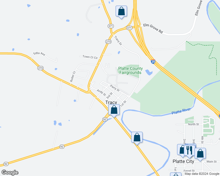 map of restaurants, bars, coffee shops, grocery stores, and more near 308 Aller Street in Platte City