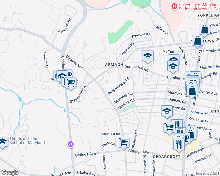map of restaurants, bars, coffee shops, grocery stores, and more near Rodgers Forge Road in Towson