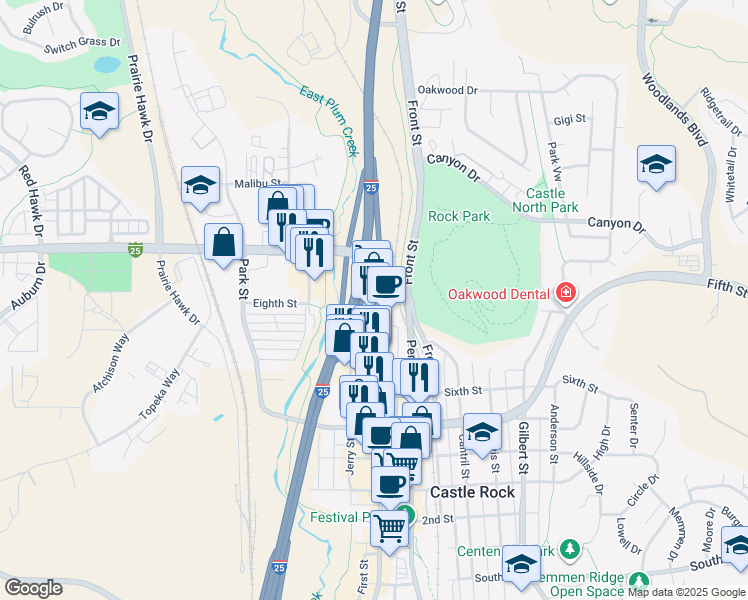 map of restaurants, bars, coffee shops, grocery stores, and more near 745 Wilcox Street in Castle Rock