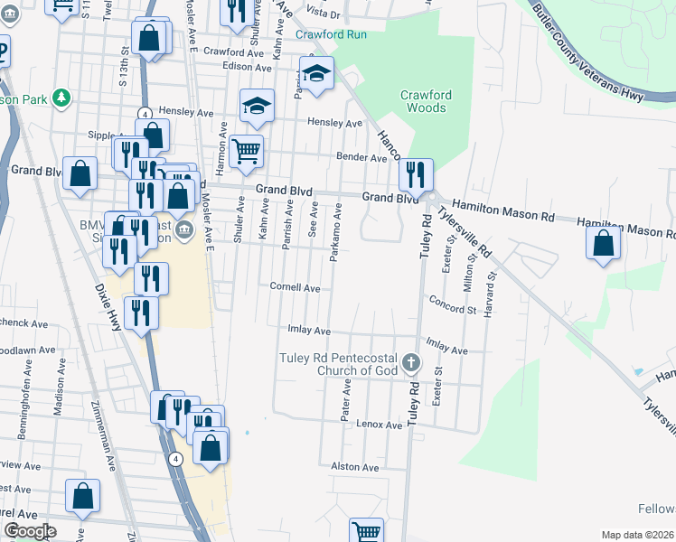 map of restaurants, bars, coffee shops, grocery stores, and more near 1744 Parkamo Avenue in Hamilton