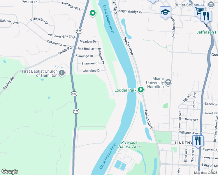 map of restaurants, bars, coffee shops, grocery stores, and more near 1625 Biscayne Drive in Hamilton