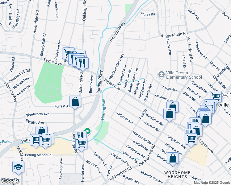 map of restaurants, bars, coffee shops, grocery stores, and more near 7708 Middlesex Place in Parkville