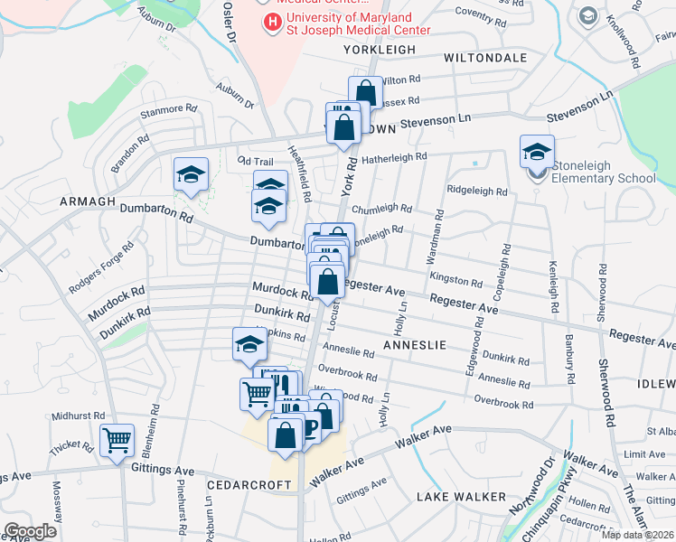 map of restaurants, bars, coffee shops, grocery stores, and more near 6911 York Road in Towson