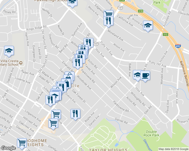 map of restaurants, bars, coffee shops, grocery stores, and more near 3101 Texas Avenue in Parkville