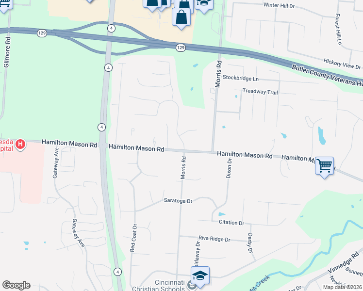 map of restaurants, bars, coffee shops, grocery stores, and more near 3609 Hamilton Mason Road in Hamilton