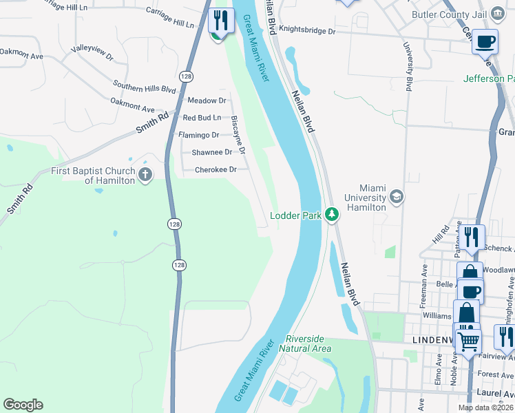 map of restaurants, bars, coffee shops, grocery stores, and more near 1625 Biscayne Drive in Hamilton