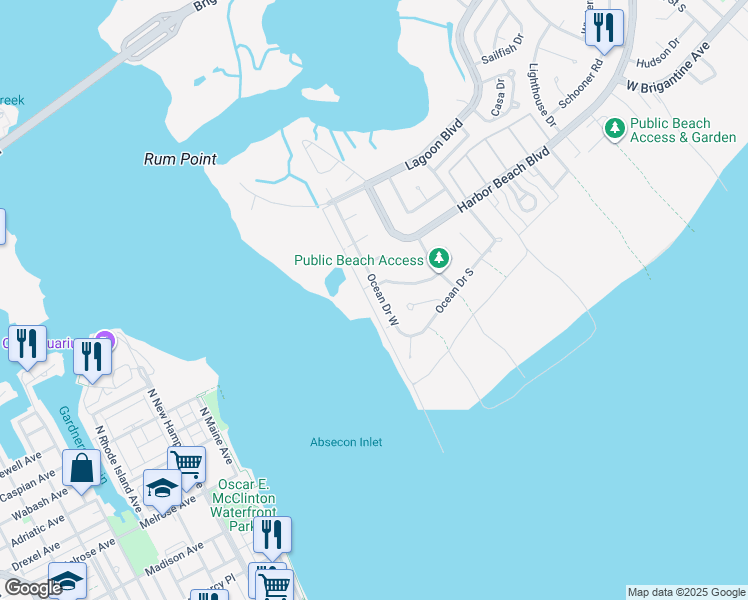 map of restaurants, bars, coffee shops, grocery stores, and more near 30 Ocean Drive East in Brigantine