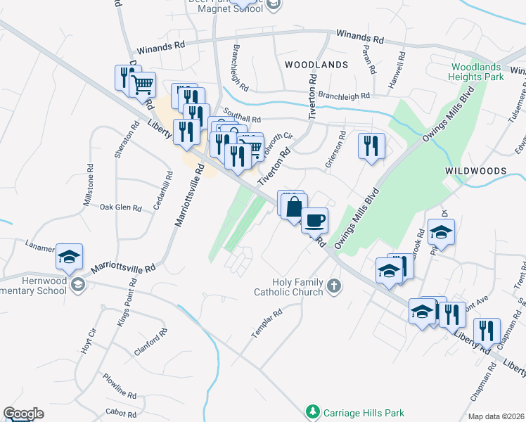 map of restaurants, bars, coffee shops, grocery stores, and more near 9707 Liberty Road in Randallstown