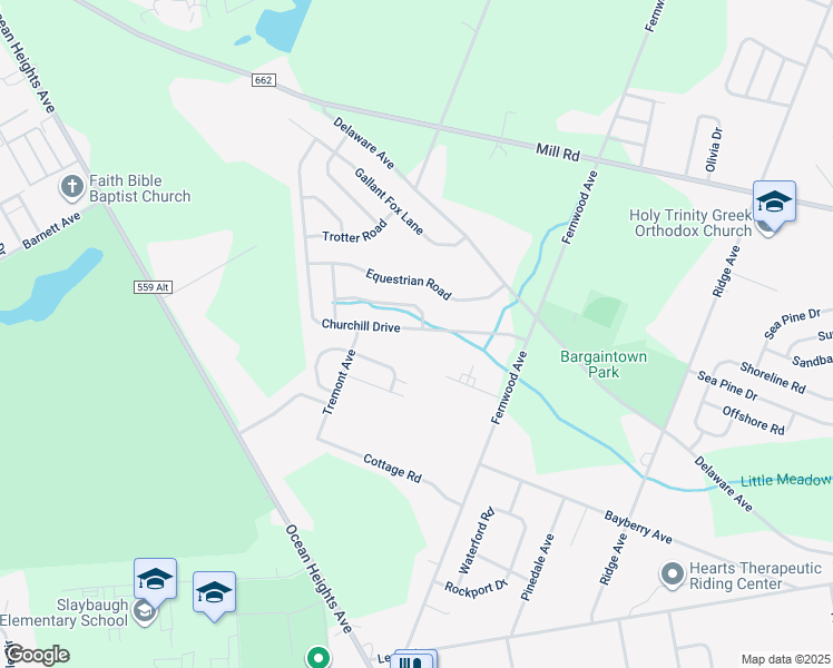 map of restaurants, bars, coffee shops, grocery stores, and more near 257 Churchill Drive in Egg Harbor Township