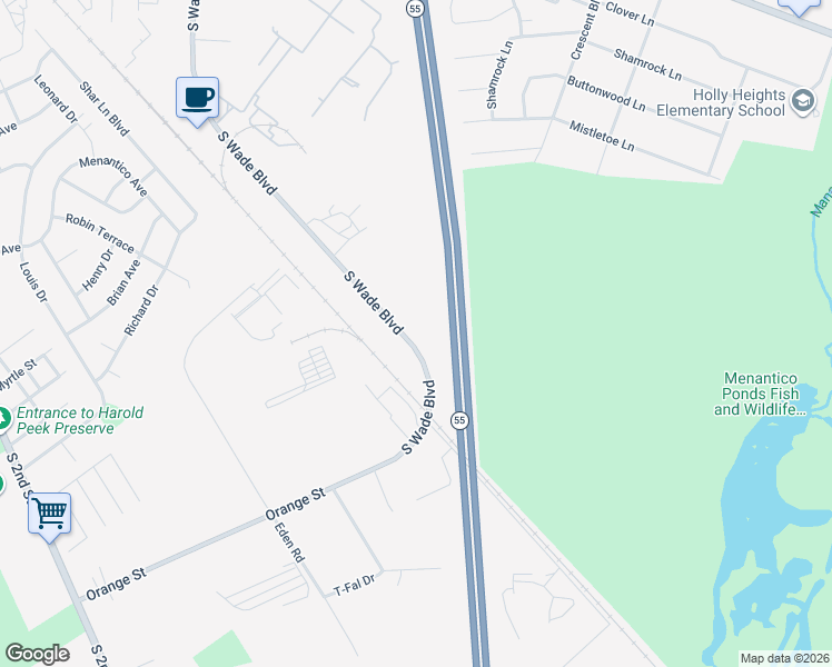 map of restaurants, bars, coffee shops, grocery stores, and more near 1401 South Wade Boulevard in Millville