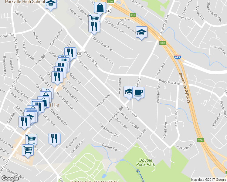 map of restaurants, bars, coffee shops, grocery stores, and more near 3117 Garden Avenue in Parkville