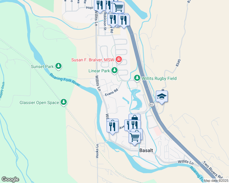 map of restaurants, bars, coffee shops, grocery stores, and more near Evans Road in Basalt