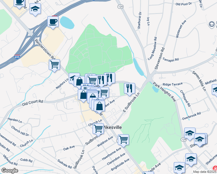 map of restaurants, bars, coffee shops, grocery stores, and more near 3723 Old Court Road in Pikesville