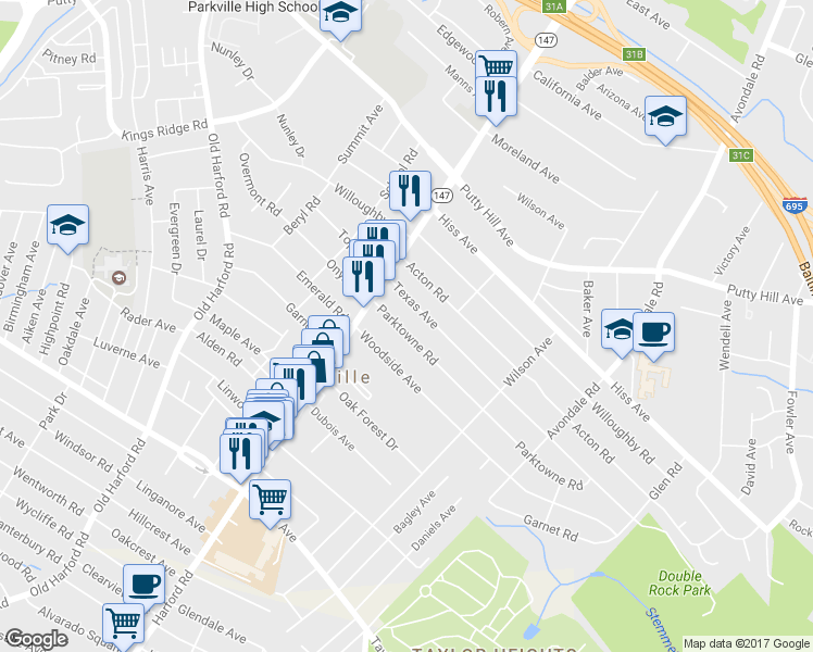 map of restaurants, bars, coffee shops, grocery stores, and more near 3010 Parktowne Road in Parkville