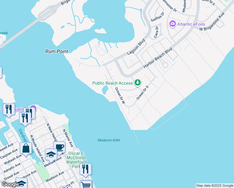 map of restaurants, bars, coffee shops, grocery stores, and more near 36 Ocean Drive West in Brigantine