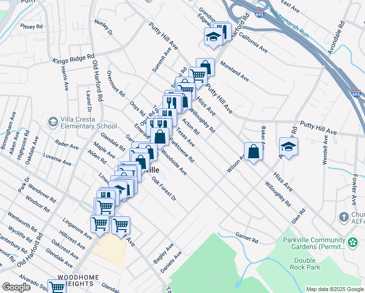 map of restaurants, bars, coffee shops, grocery stores, and more near 3010 Parktowne Road in Parkville
