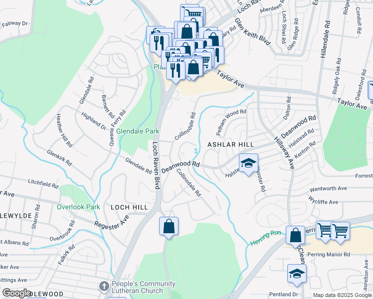 map of restaurants, bars, coffee shops, grocery stores, and more near 80 Ashlar Hill Court in Parkville